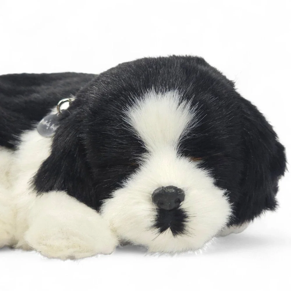 Perfect Petzzz Border Collie Breathing Puppy Sleeping Plush Toy Black White Dog